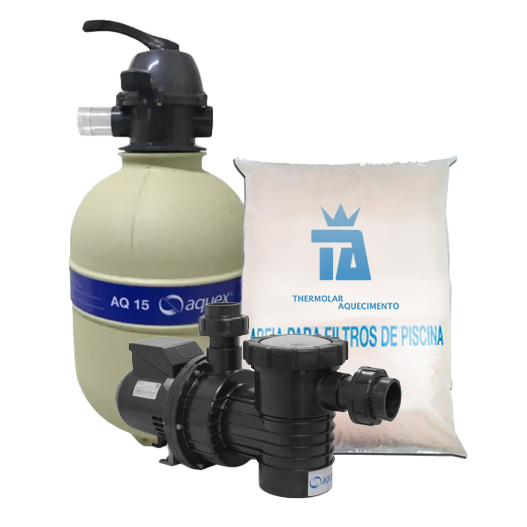 Termolar Aquecimento - Kit- Filtro Aquex: Filtro AQ15 + Bomba de 1/2 CV+2 Areias (até 44 mil litros)